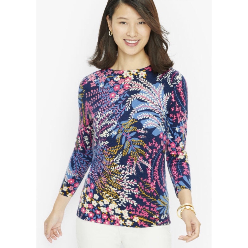 Talbots Woman 1X Audrey Pure Cashmere Sweater Navy Pink Popping Garden Print